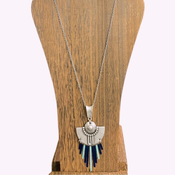 Boho Silver Tone Blue and Green Enameled Tassel Pendant Statement Necklace - Picture 1 of 6